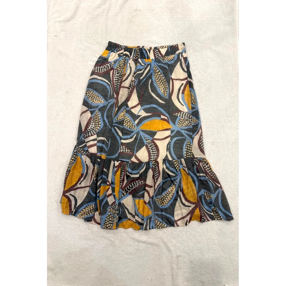 Mlle Gabrielle Women Abstract Floral Print Midi Skirt Tiered Ruffle Hem Blue M